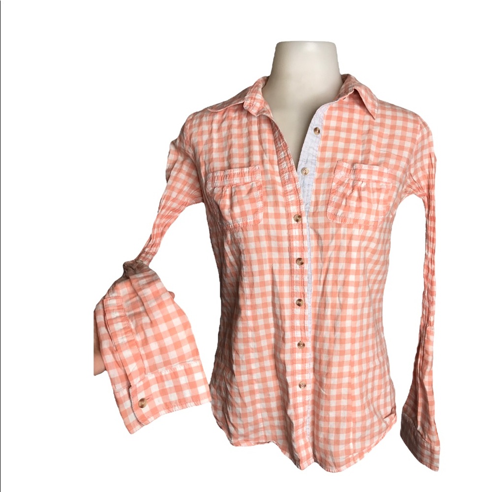 Girl Krazy | Peach Orange & White Plaid Button Down Fitted Shirt •